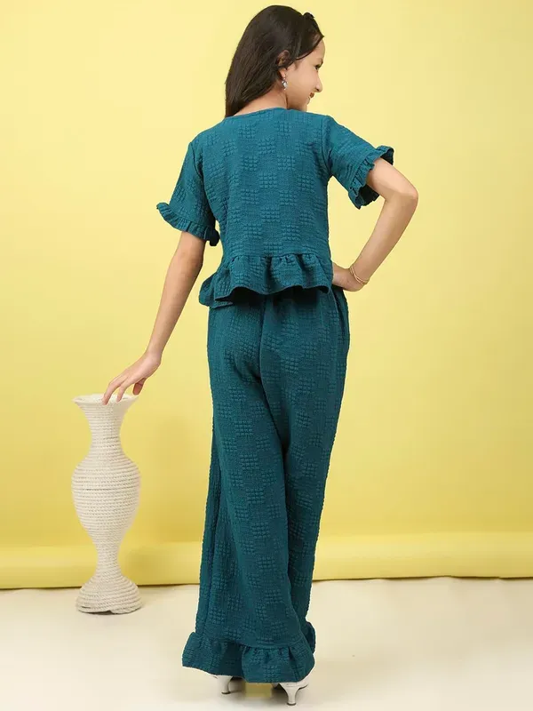Blue_Textured_Short_Sleeve_Buttoned_Top_With_Belt_And_Ruffled_Palazzo_Pants
