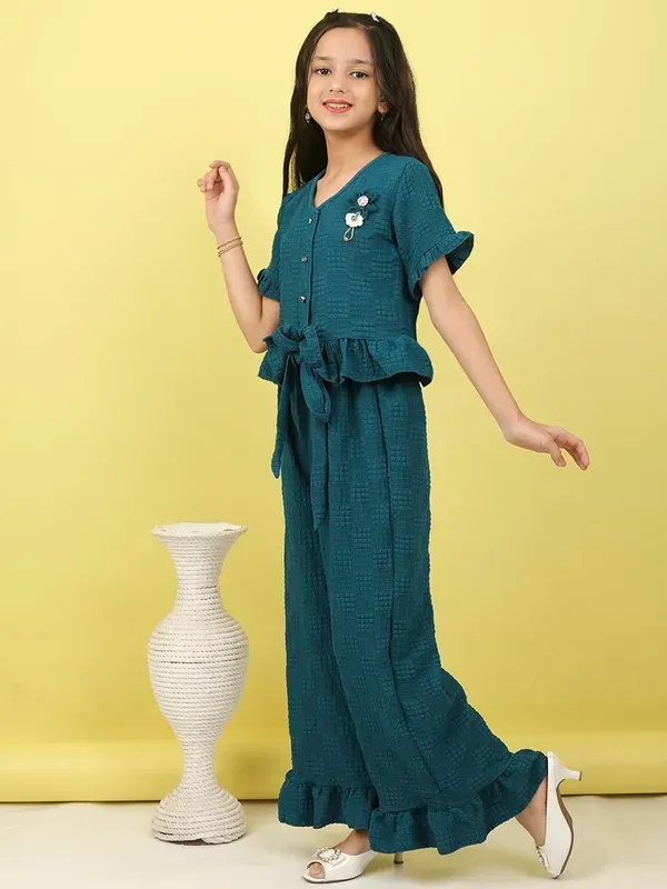 Blue_Textured_Short_Sleeve_Buttoned_Top_With_Belt_And_Ruffled_Palazzo_Pants