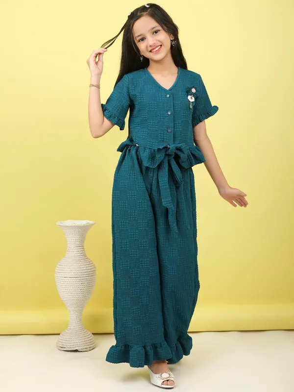 Blue_Textured_Short_Sleeve_Buttoned_Top_With_Belt_And_Ruffled_Palazzo_Pants