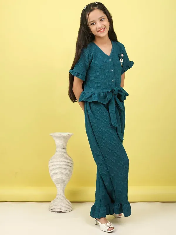Blue_Textured_Short_Sleeve_Buttoned_Top_With_Belt_And_Ruffled_Palazzo_Pants
