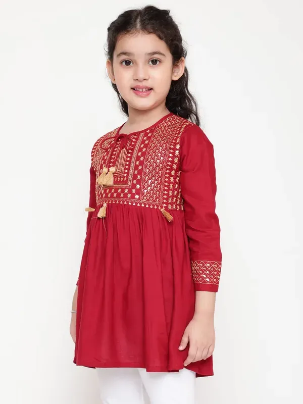 Maroon_Embroidered_Regular_Fit_Tie_Up_Neck_Casual_Top_For_Girls