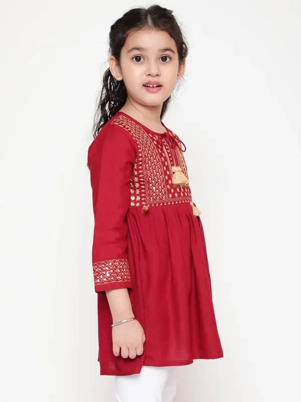 Maroon_Embroidered_Regular_Fit_Tie_Up_Neck_Casual_Top_For_Girls