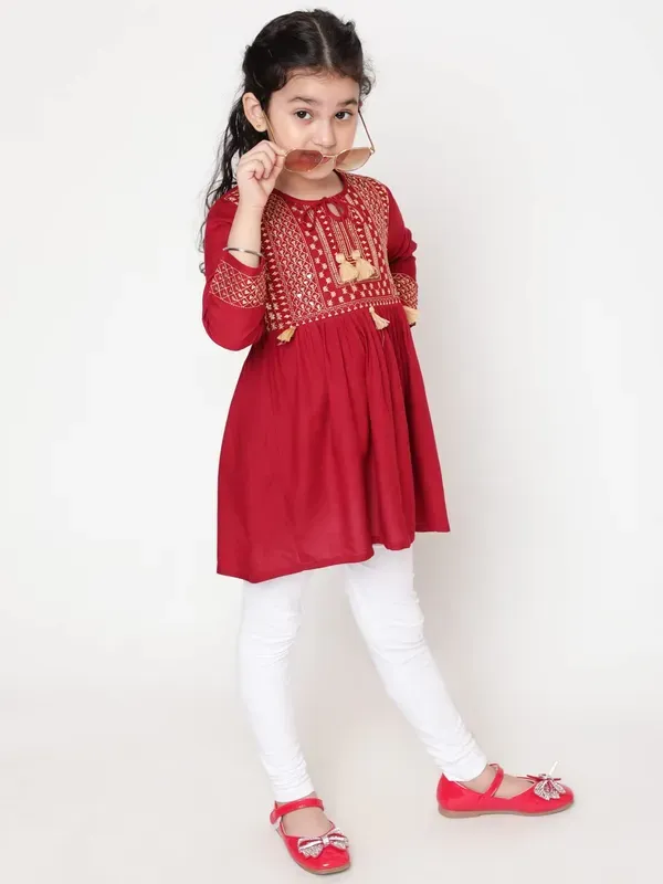 Maroon_Embroidered_Regular_Fit_Tie_Up_Neck_Casual_Top_For_Girls