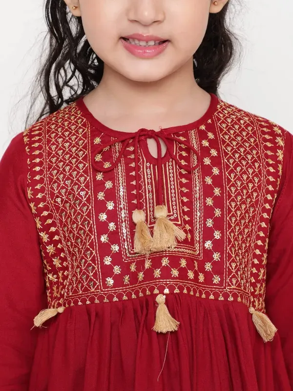 Maroon_Embroidered_Regular_Fit_Tie_Up_Neck_Casual_Top_For_Girls