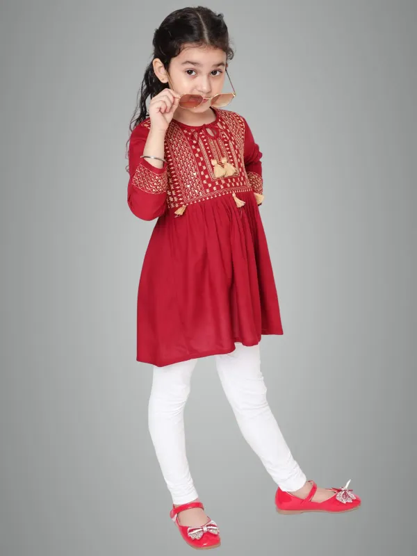 Maroon_Embroidered_Regular_Fit_Tie_Up_Neck_Casual_Top_For_Girls