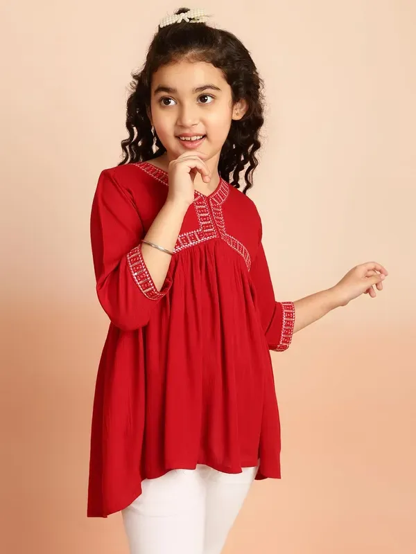 Maroon_Party_Embroidered_Viscose_Rayon_Casual_Party_Top_For_Girls