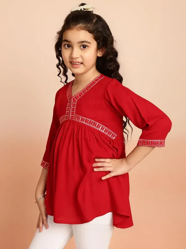 Maroon_Party_Embroidered_Viscose_Rayon_Casual_Party_Top_For_Girls