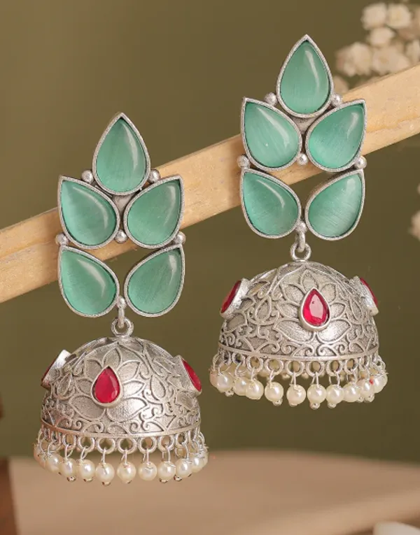 Green_Silver_Tone_Jhumka_Earrings_For_Women