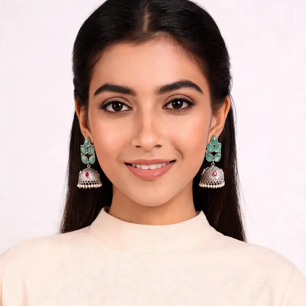 Green_Silver_Tone_Jhumka_Earrings_For_Women