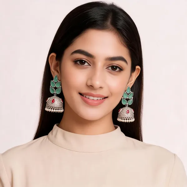 Green_Silver_Tone_Jhumka_Earrings_For_Women