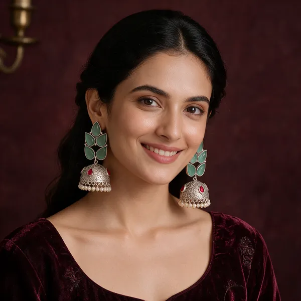Green_Silver_Tone_Jhumka_Earrings_For_Women