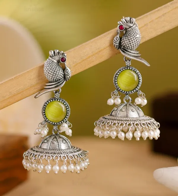 Silver_Tone_Oxidized_Parrot_Jhumka_Earrings_For_Women