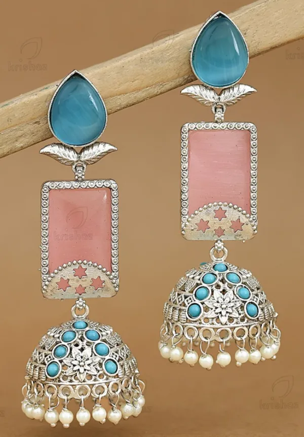 Blue_And_Pink_Stone_Silver_Tone_Jhumka_Earrings_For_Women