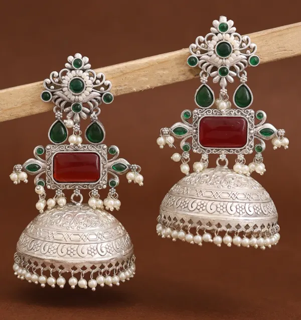 Green_Silver_Tone_Jhumka_Earrings_For_Women