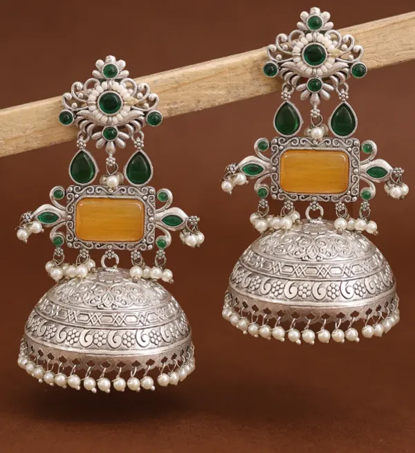 Green_And_Orange_Silver_Tone_Jhumka_Earrings_For_Women