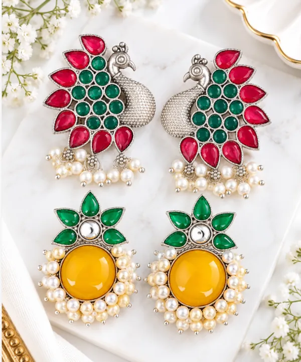 Elegant_Earrings_Combo_–_Peacock_&_Floral_Pearl_Studs