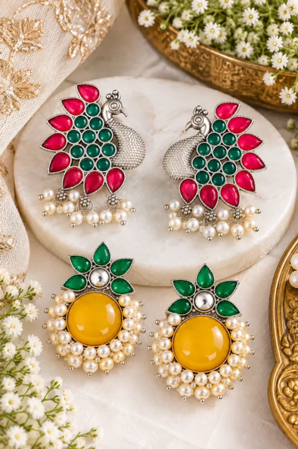 Elegant_Earrings_Combo_–_Peacock_&_Floral_Pearl_Studs