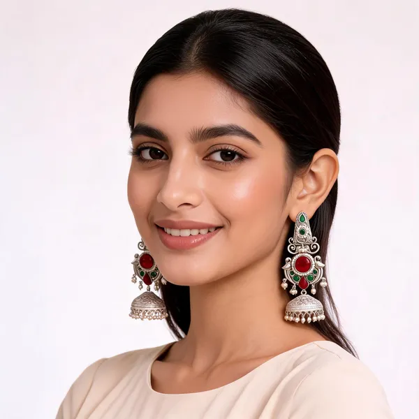 Silver_Tone_Red_Green_Peacock_Jhumka_Earrings_For_Women