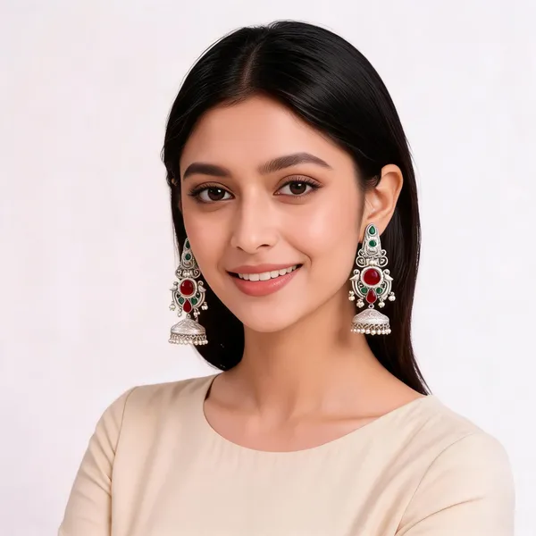 Silver_Tone_Red_Green_Peacock_Jhumka_Earrings_For_Women