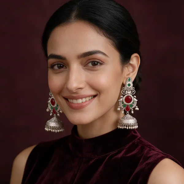 Silver_Tone_Red_Green_Peacock_Jhumka_Earrings_For_Women