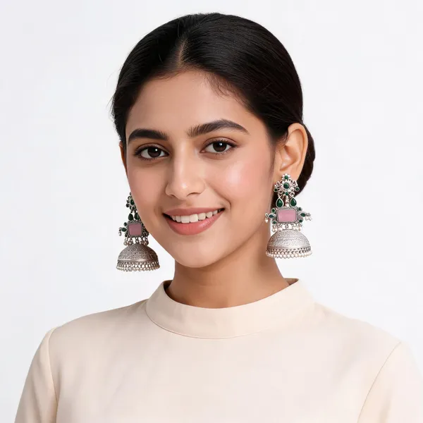 Green_Pink_Stone_Silver_Tone_Jhumka_Earrings