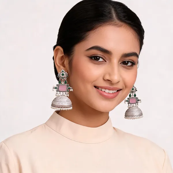 Green_Pink_Stone_Silver_Tone_Jhumka_Earrings