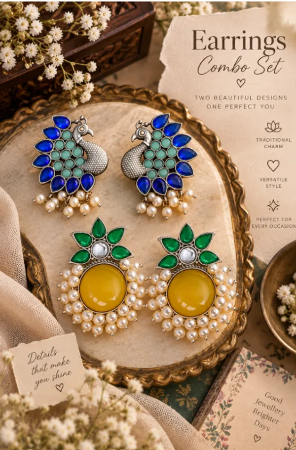 Green_&_Golden_Floral_Statement_Earrings_Combo_–_2_Pairs