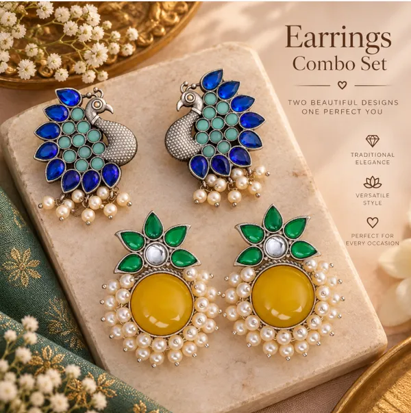 Green_&_Golden_Floral_Statement_Earrings_Combo_–_2_Pairs