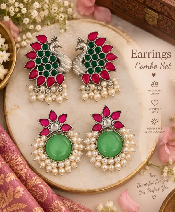 Green_&_Pink_Floral_Peacock_Earrings_Combo_–_2_Pairs
