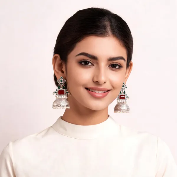 Green_Silver_Tone_Jhumka_Earrings_For_Women
