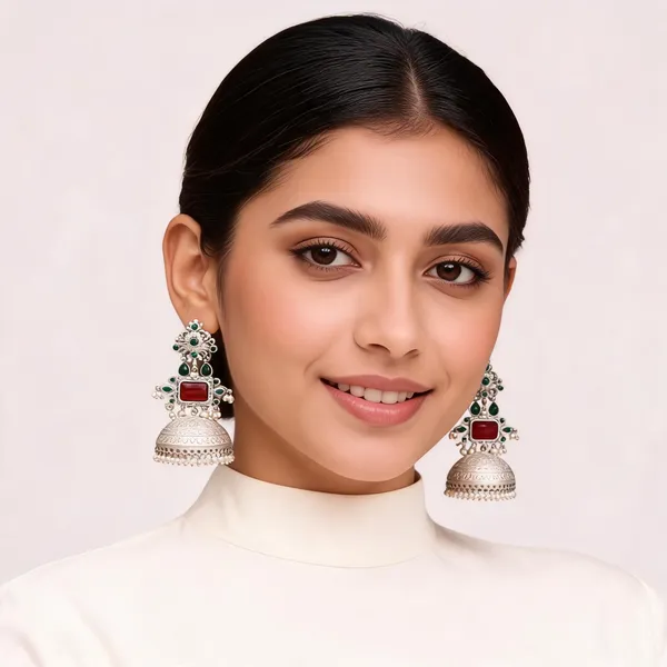 Green_Silver_Tone_Jhumka_Earrings_For_Women