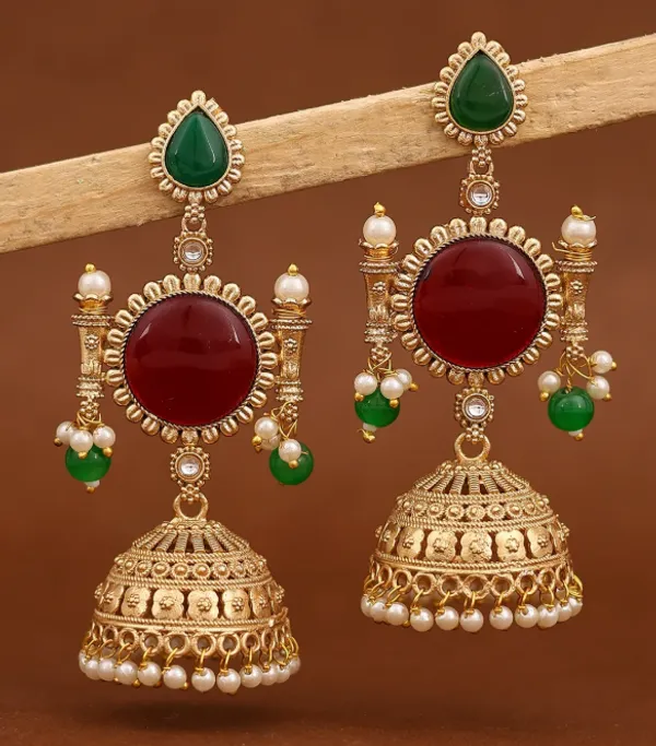 Gold_Tone_Red_Green_Stone_Jhumka_Earrings_For_Women