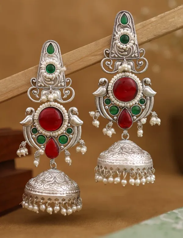 Silver_Tone_Red_Green_Peacock_Jhumka_Earrings_For_Women