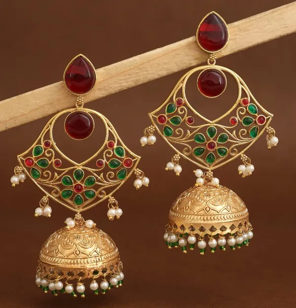 Gold_Tone_Red_Green_Jhumka_Earrings_For_Women