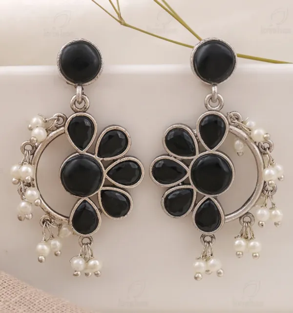 Black_Silver_Tone_Floral_Drop_Earrings_For_Women