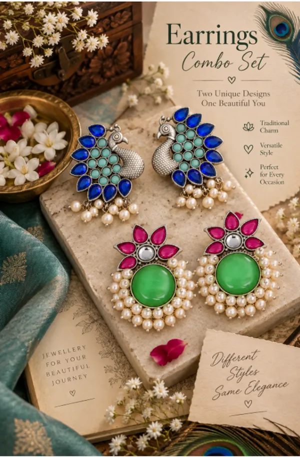 Peacock_&_Floral_Statement_Earrings_Combo_Set_–_Blue,_Green_&_Pink