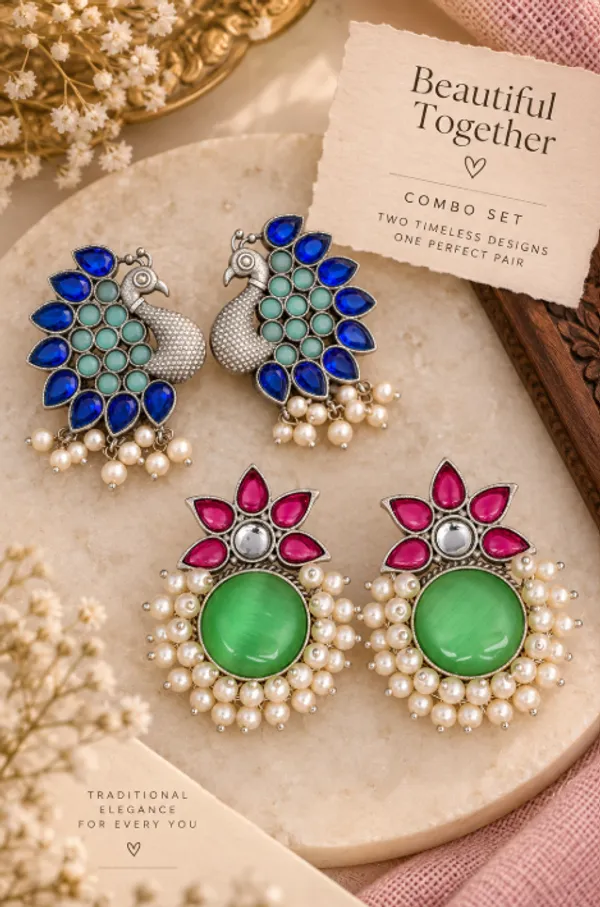Peacock_&_Floral_Statement_Earrings_Combo_Set_–_Blue,_Green_&_Pink