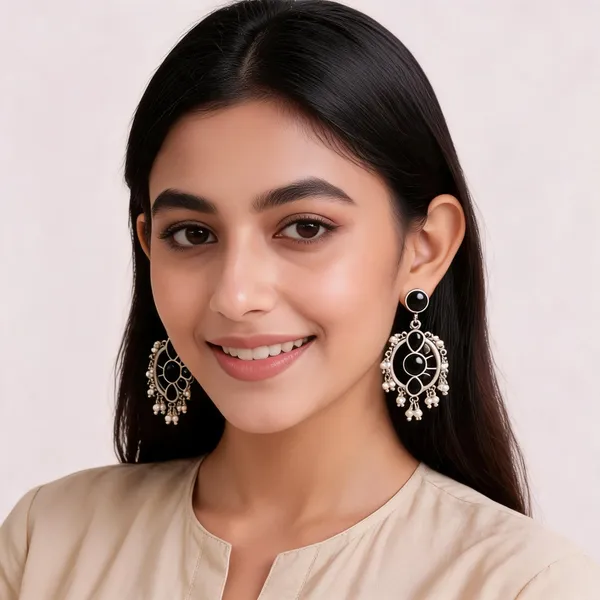Black_Silver_Tone_Floral_Drop_Earrings_For_Women