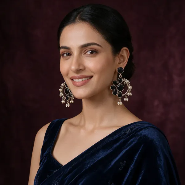 Black_Silver_Tone_Floral_Drop_Earrings_For_Women