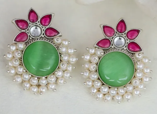 Green_Floral_Pearl_Fringe_Earrings_For_Women