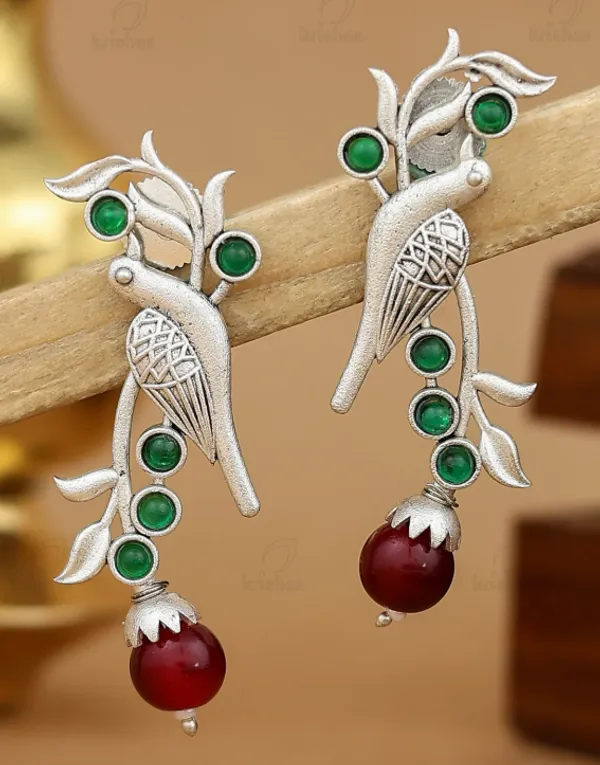 Silver_Toned_Green_Stone_Bird_Dangle_Earrings_For_Women