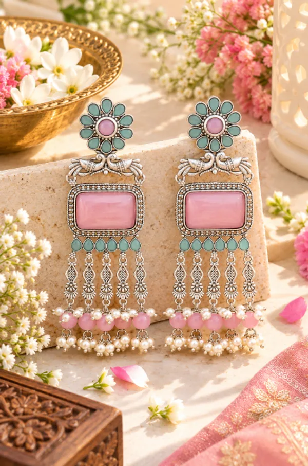 Traditional_Oxidized_Silver_Look-Alike_Dangler_Earrings_(Baby_Pink)