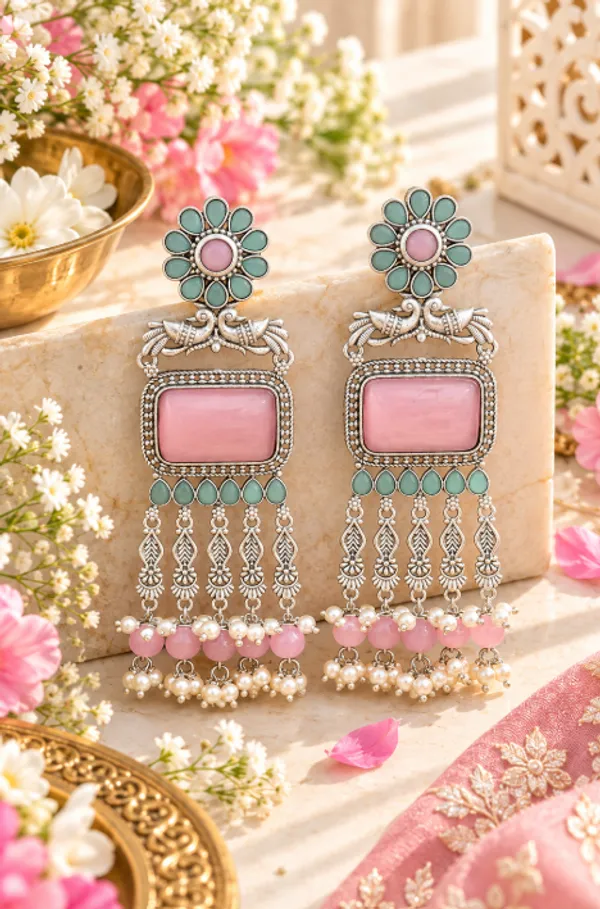Traditional_Oxidized_Silver_Look-Alike_Dangler_Earrings_(Baby_Pink)