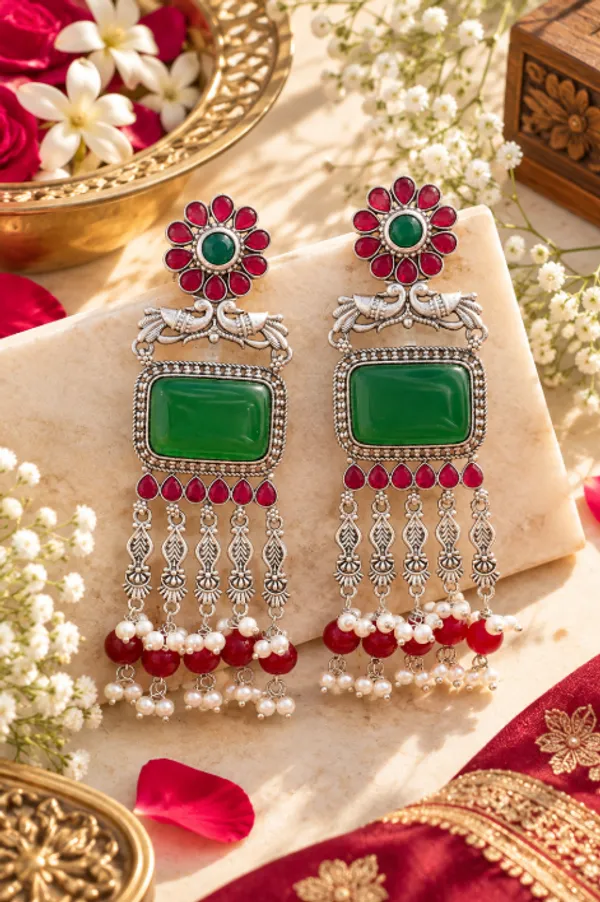 Traditional_Oxidized_Silver_Look-Alike_Dangler_Earrings_(Green_&_Red)