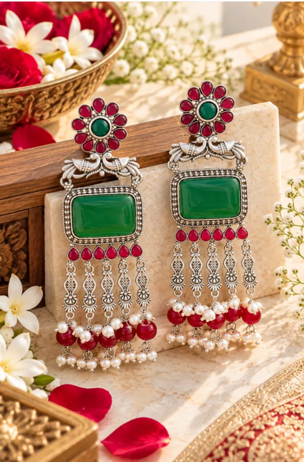 Traditional_Oxidized_Silver_Look-Alike_Dangler_Earrings_(Green_&_Red)