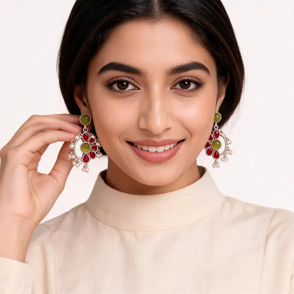 Red_And_Green_Floral_Drop_Earrings_For_Women