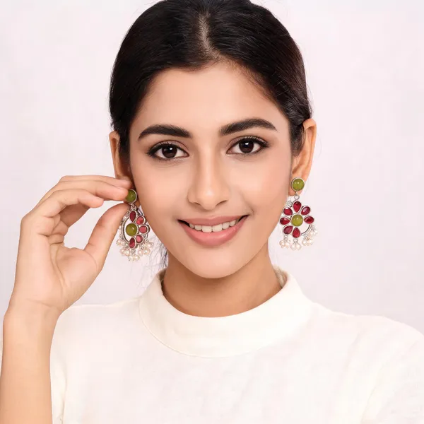 Red_And_Green_Floral_Drop_Earrings_For_Women