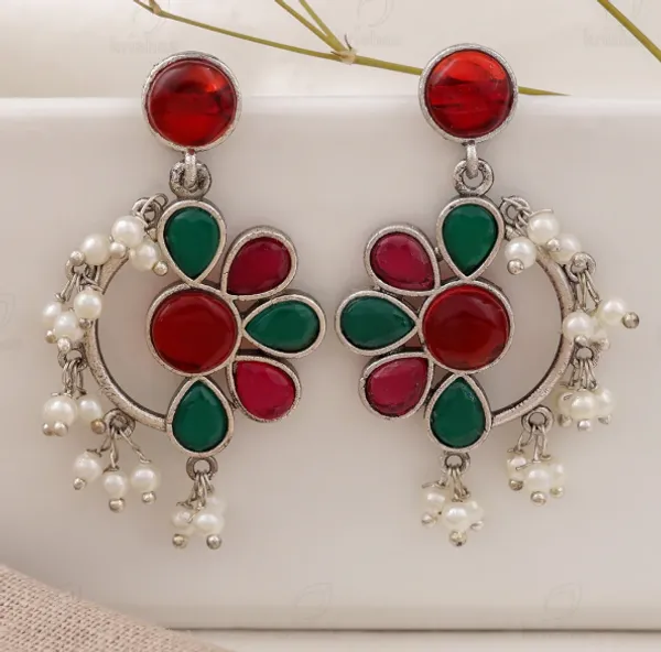 Red_Green_Stone_Silver_Tone_Drop_Earrings_For_Women