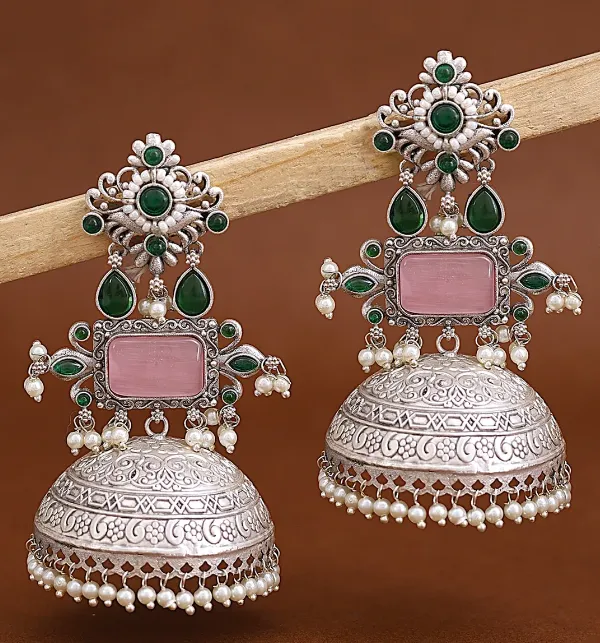Green_Pink_Stone_Silver_Tone_Jhumka_Earrings