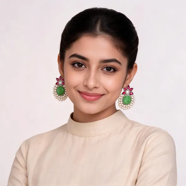 Green_Floral_Pearl_Fringe_Earrings_For_Women